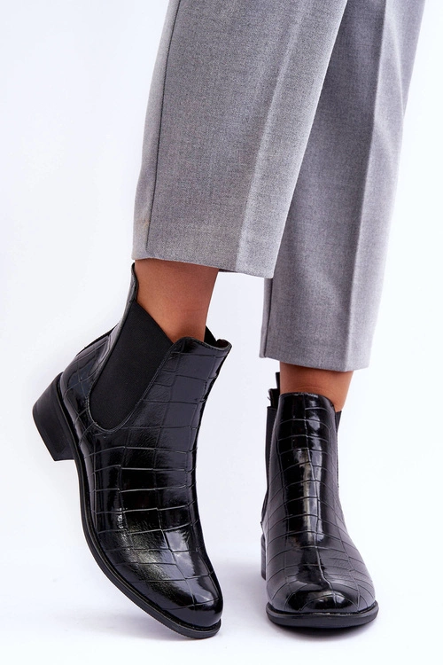 Skórzane Botki Sztyblety Zwierzęcy Wzór Czarne Daina