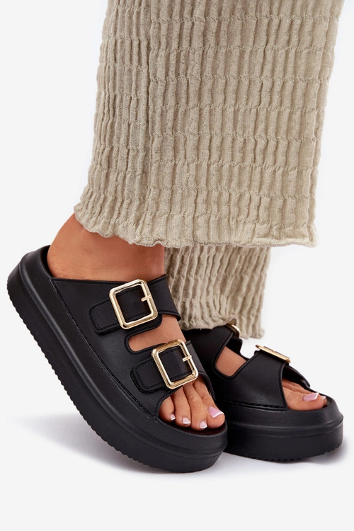 Klapki Damskie Na Platformie Ze Złotymi Klamrami Czarne Zorila