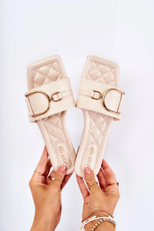 Damskie Skórzane Klasyczne Klapki Z Ozdobą Beżowe Shilla