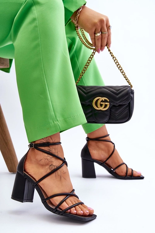 Skórzane Modne Damskie Sandały Na Obcasie Czarne Primma