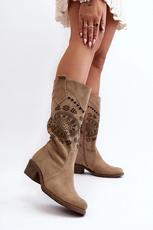 Zazoo 4043 Zamszowe Kozaki Na Niskim Obcasie Ażurowe Beżowe