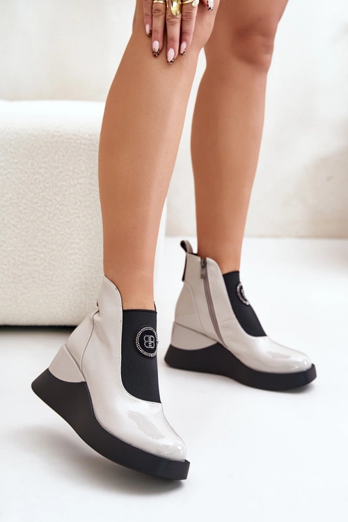 Skórzane Botki Na Koturnie D&A MR880-137 Jasnoszare