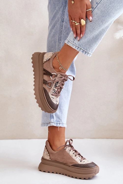 Skórzane Sneakersy Damskie Na Platformie Maciejka 06562-10 Ciemnobeżowe