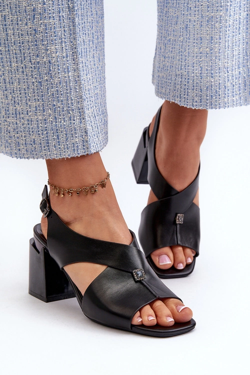 Eleganckie Sandały Damskie Na Obcasie Słupku Eko Skórzane Czarne Asellesa