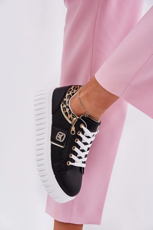 Buty Sportowe Damskie Na Platformie Z Eko Skóry Panterka Czarne Velionna