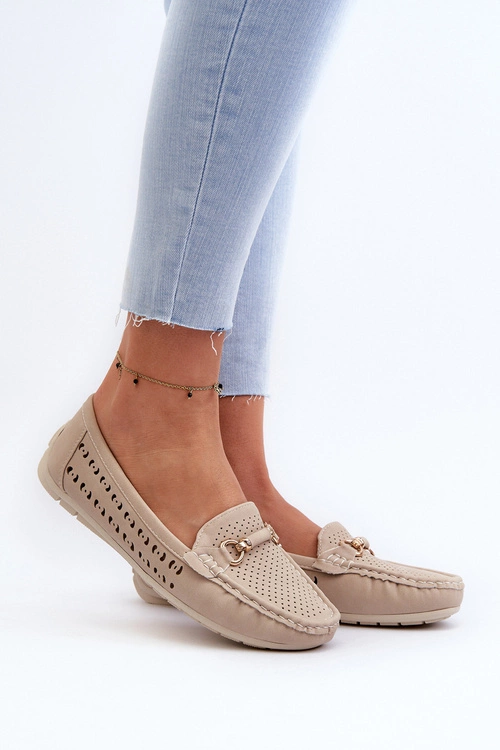 Mokasyny Damskie Ażurowe Z Ozdobą Beżowe Kaydance