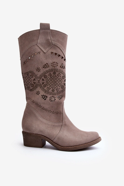 Zazoo 4043 Zamszowe Kozaki Na Niskim Obcasie Ażurowe Cappucino