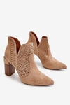 Modne Zamszowe Ażurowe Botki Na Obcasie Beżowe Genevi