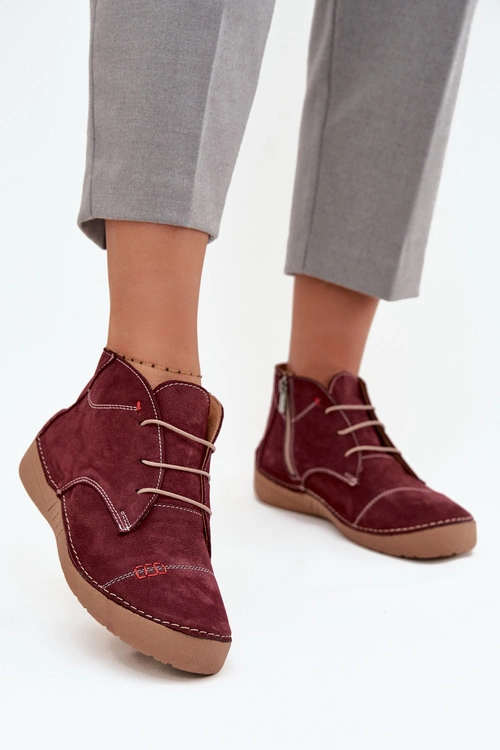 Skórzane Półbuty Damskie Z Przeszyciami Na Zamek Artiker 57C2116 Bordowe