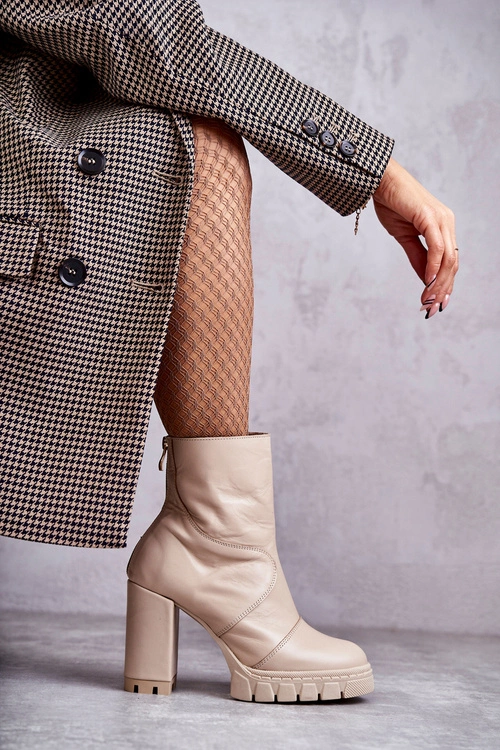 Skórzane Botki Na Obcasie Beżowe Elia