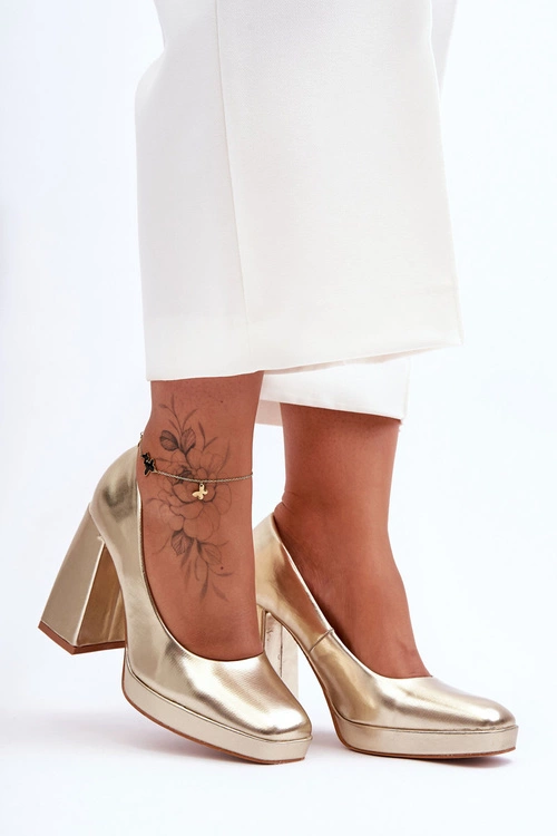 Skórzane Czółenka Na Masywnym Obcasie Złote Rosalia