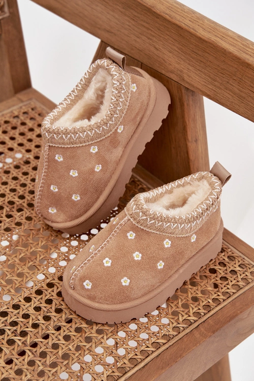 Śniegowce Dziecięce Z Kwiatuszkami Ocieplane Futerkiem Beżowe Palina