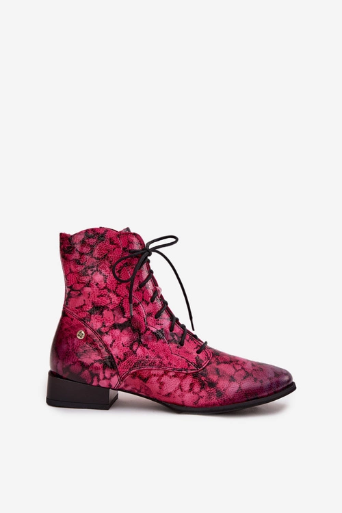 Skórzane Wzorzyste Botki Na Płaskim Obcasie Maciejka 06391-23 Różowe
