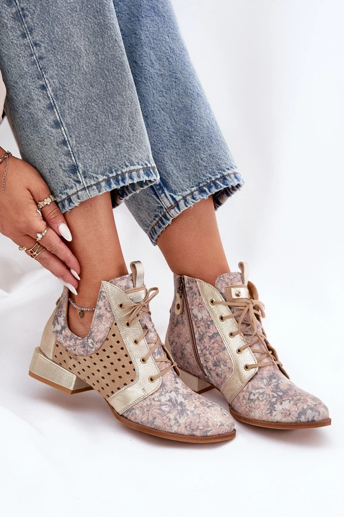 Skórzane Botki Trzewiki Maciejka 05541-04 Beżowo-Złote