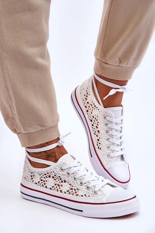 Damskie Koronkowe Materiałowe Trampki Białe Fergo