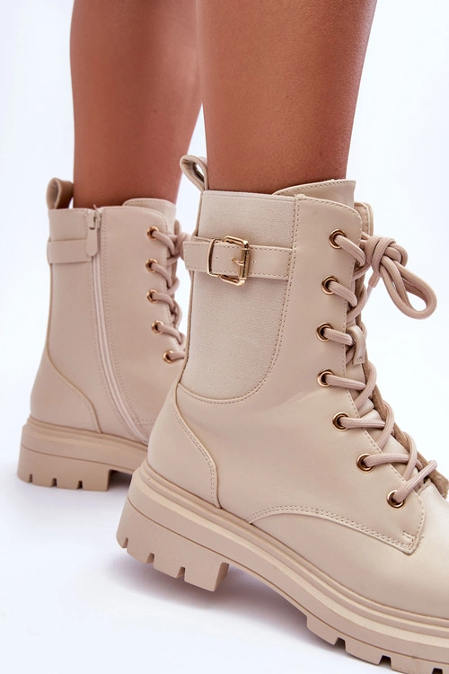 Skórzane Damskie Botki Workery Beżowe Chrezy