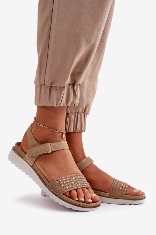 Lekkie I Wygodne Zdobione Sandały Damskie Na Rzep Ciemnobeżowe Inblu CN000039