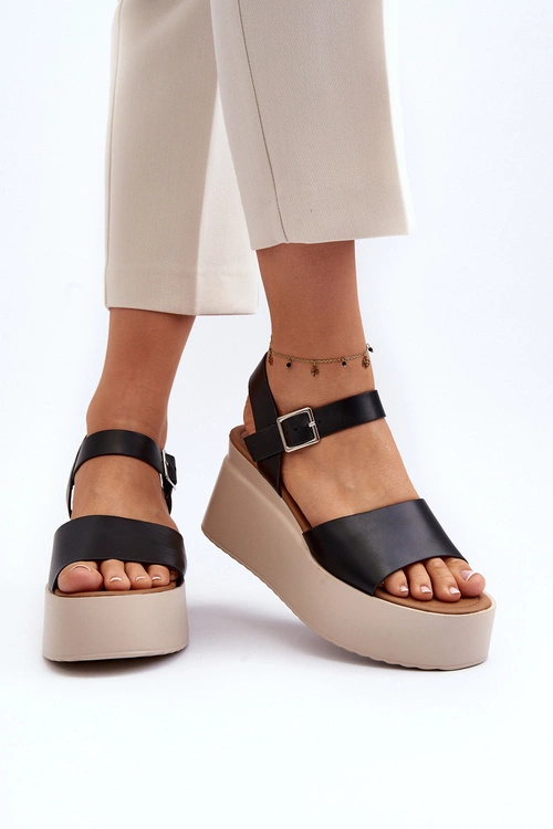 Damskie Sandały Na Koturnie Czarne Geferia