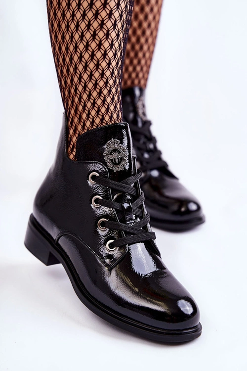 Lakierowane Ocieplane Botki Sznurowane Czarne Enrica