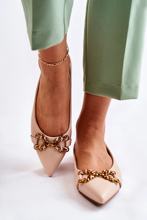 Damskie Skórzane Baleriny W Szpic Z Ozdobą Beżowe Carlos