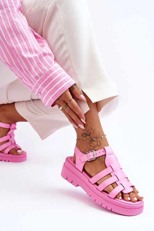 Skórzane Płaskie Sandały Z Paseczkami Różowe Diosa