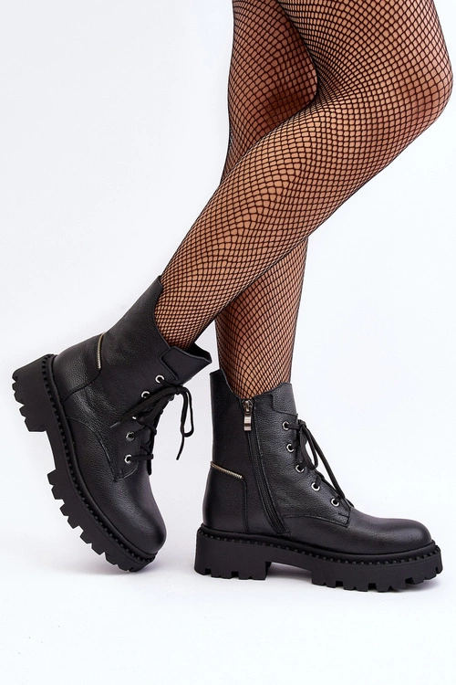 Skórzane Botki Trapery Damskie Na Suwak Zazoo 949P Czarne