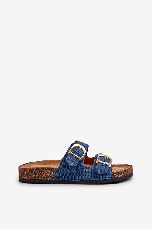 Jeansowe Damskie Klapki Na Korkowej Platformie Z Paskami Ciemnoniebieskie Doretta