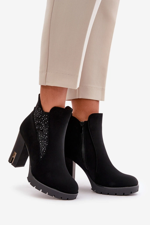 Ocieplane Botki Damskie Na Wysokim Słupku Z Haftem Czarne Verissae