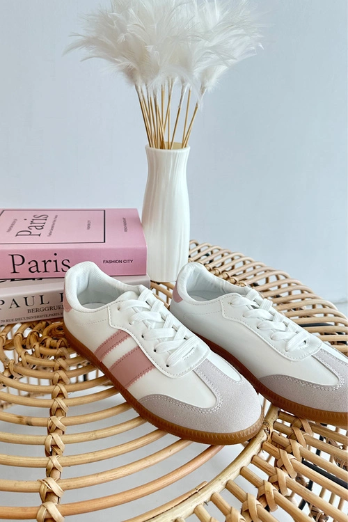 Damskie Niskie Eko Skórzane Sneakersy Biało-Różowe Relialia