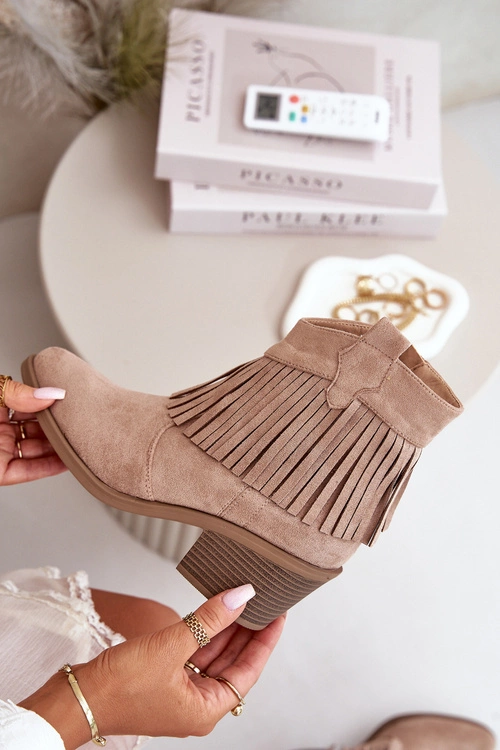 Botki Kowbojki Damskie Na Zamek Eko Zamszowe Beżowe S.Barski HY42-127