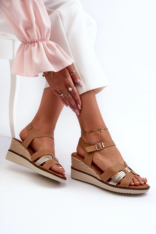 Sandały Damskie Na Koturnie Z Plecionką Brązowe Starlenna