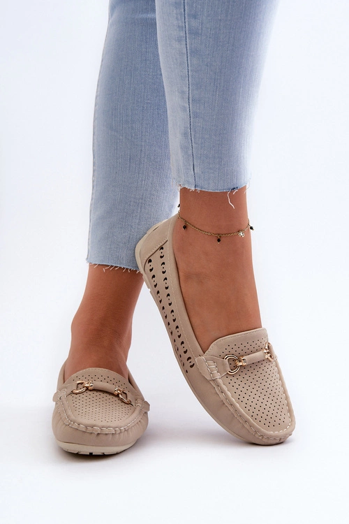 Mokasyny Damskie Ażurowe Z Ozdobą Beżowe Kaydance