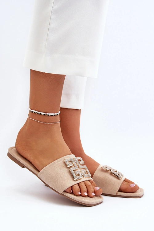 Klapki Damskie Na Płaskim Obcasie Z Ozdobą Beżowe Inaile