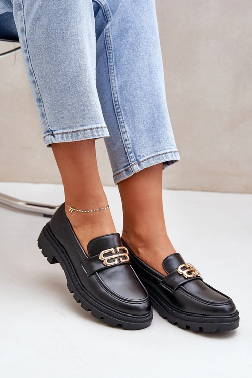 Mokasyny Damskie Ze Złotym Detalem Czarne Trionna