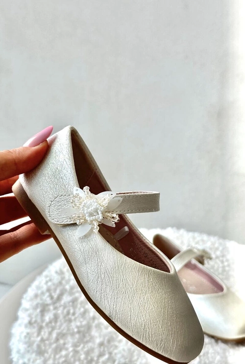 Brokatowe Balerinki Dziecięce Zapinane Na Rzep Beżowe Jeylin