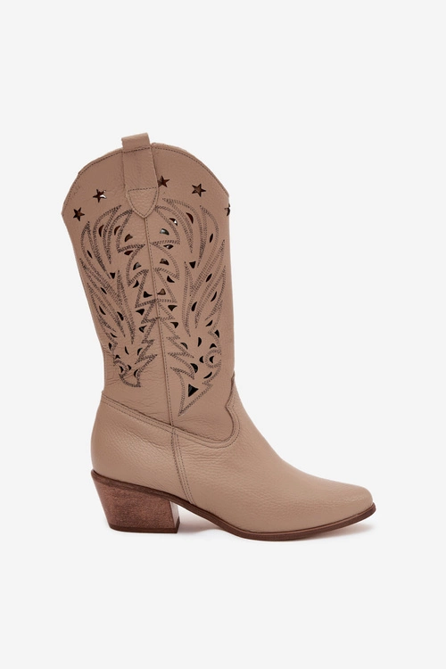 Skórzane Kozaki Z Ażurową Cholewką Zazoo 3714 Ciemnobeżowe