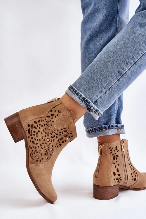 Damskie Ażurowe Botki Lewski Shoes 2909 Ciemnobeżowe