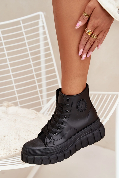 Ocieplane Wysokie Trampki Damskie Na Platformie Zamek Czarne Sarira