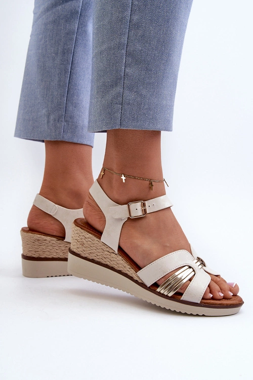 Sandały Damskie Na Koturnie Z Plecionką Złote Starlenna