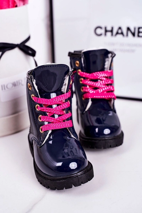 Dziecięce Botki Ocieplone Futerkiem Lakierowane Granatowe Pinkie