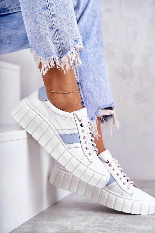 Damskie Skórzane Buty Sportowe Wiązane Biało-Niebieskie Ariva