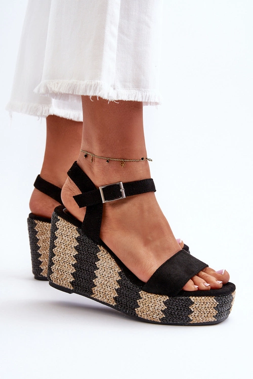 Sandały Damskie Na Koturnie Z Plecionką Czarne Reviala