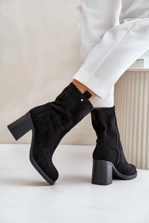 Botki Damskie Ocieplane Na Obcasie Słupku Eko Zamszowe Czarne Vellinga