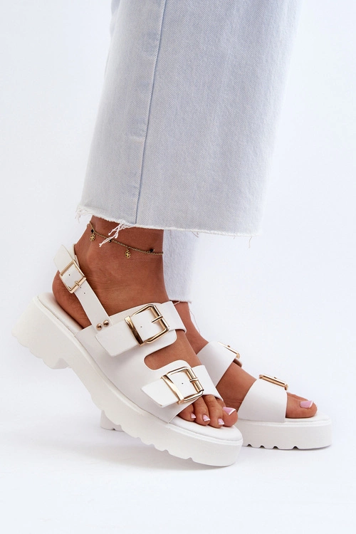 Sandały Damskie Z Klamrami Eko Skórzane Białe Konanttia