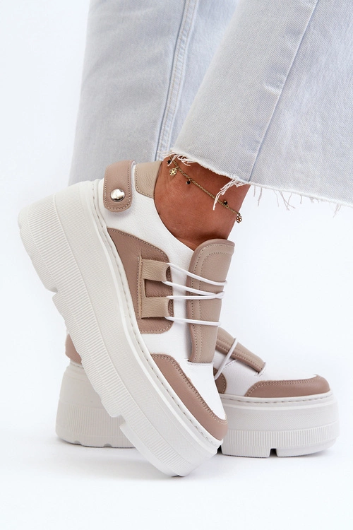 Zazoo 1833 Sneakersy Damskie Skórzane Na Masywnej Podeszwie Beżowo-Białe