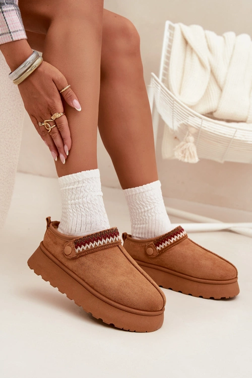 Śniegowce Damskie Niskie Z Ruchomym Paskiem I Haftem Na Platformie Camel Lyrisse