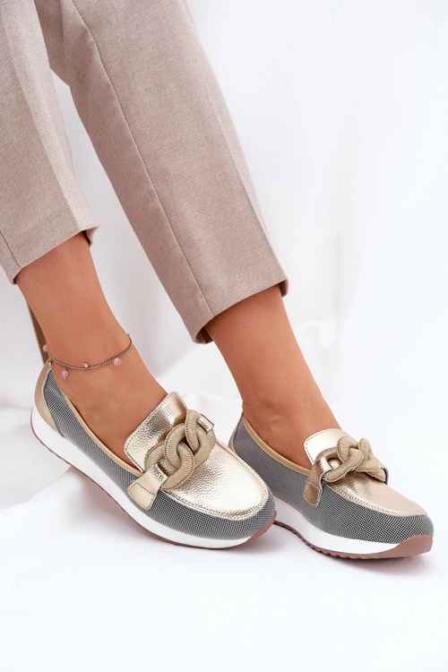 Skórzane Mokasyny Damskie Z Ozdobą D&A LR51-966 Złote