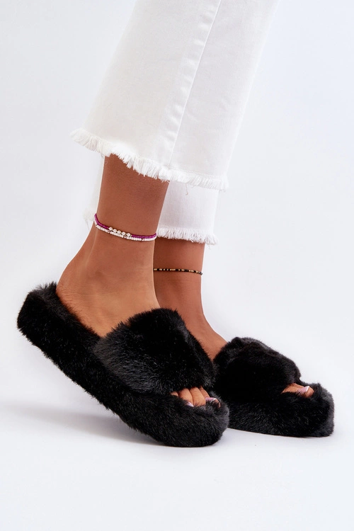 Damskie Futrzane Kapcie Czarne Stepia