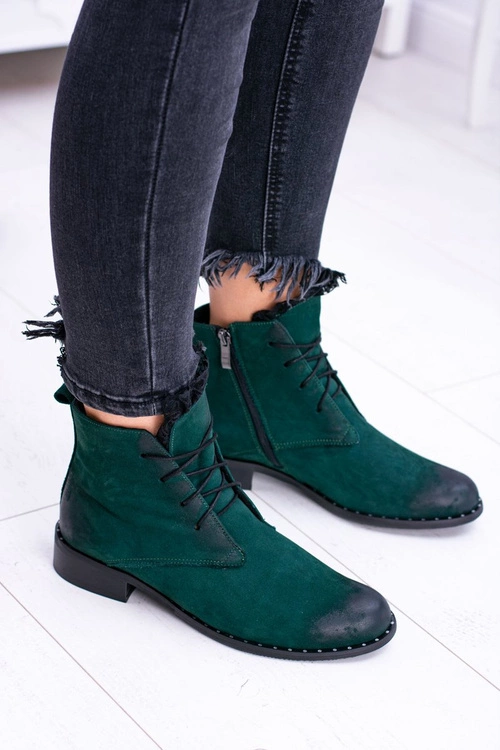 Skórzane Zielone Damskie Botki Z Koronką Millano