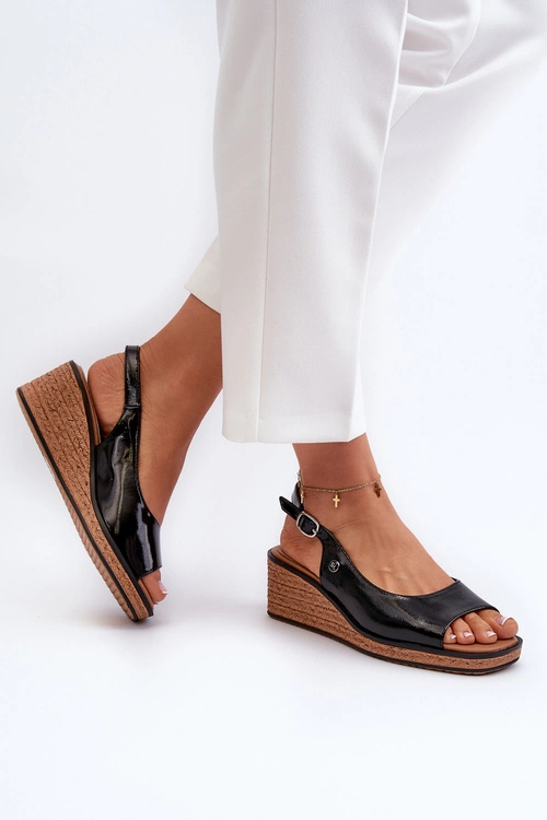 Damskie Lakierowane Sandały Na Koturnie Sergio Leone SK301 Czarne